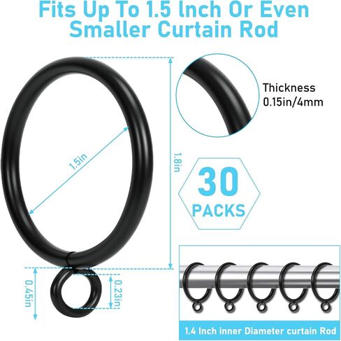 30 Pack Curtain Rings with Eyelets -Black Metal Drapery Hooks for Pinch Pleat Curtain Panels, Curtain Hooks Fits up to 1.2 Inch Curtain Rod, 1.5 Inch Inner Diameter in Saudi Arabia