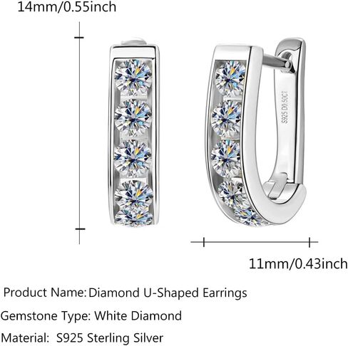 Sterling Silver U-Shaped Hoop Earrings Latch Back for Women, 0.5ct D-color, VVS1 Clarity Round Cut Diamond, Romantic Present for Girlfriend's Birthday or Engagement in Saudi Arabia