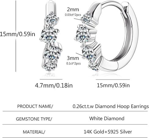 14K الذهب على S925 Sterling Silver D-Color Round Round Diamond Hoop أقراط للنساء ، الحاضر للأصدقاء أو أحبائهم in Saudi Arabia