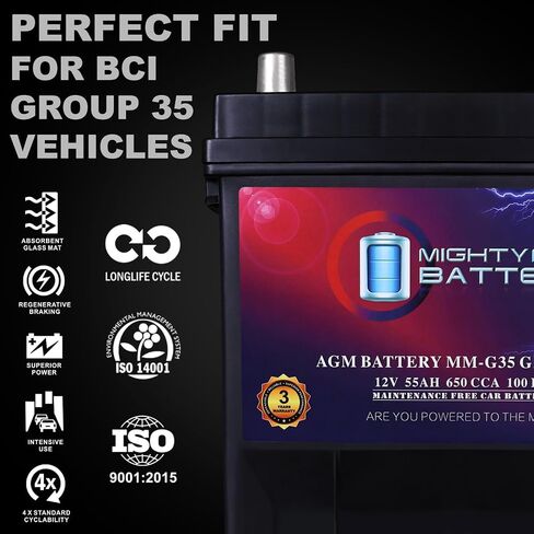 Mighty Max Battery MM-G35 Start and Stop Car BCI Group Size 35 12V 55Ah, 100RC, 650 CCA Rechargeable AGM Car Battery in Kuwait