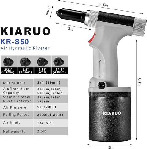 بندقية برشام هوائية S30 بندقية برشجة الهواء الذاتي 3/16 "5/32" 1/8 "3/32" بركب بركب الهيدروليكي مع مجموعة واحدة من الفكين الإضافيين in Kuwait