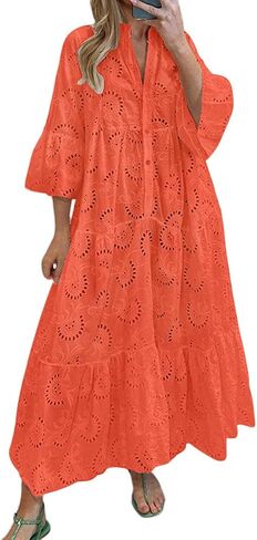 chouyatou Women's 2024 Lace Eyelet Embroidery Maxi Dress V-Neck Trumpet Sleeve Boho Flowy Swing Dress in Saudi Arabia