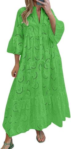 chouyatou Women's 2024 Lace Eyelet Embroidery Maxi Dress V-Neck Trumpet Sleeve Boho Flowy Swing Dress in Saudi Arabia