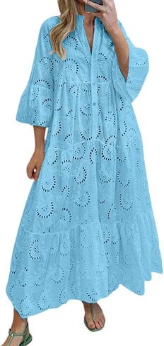 chouyatou Women's 2024 Lace Eyelet Embroidery Maxi Dress V-Neck Trumpet Sleeve Boho Flowy Swing Dress in Saudi Arabia