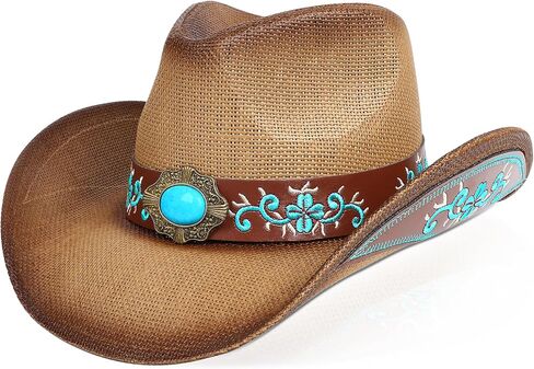 Cowboy Hat,Cowgirl hat,Brown/Black Cowboy Hats for Women Men Straw Wide with Shapeable Brim Cowboy Hat for Womens in Kuwait