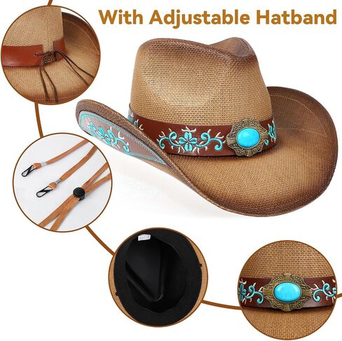 Cowboy Hat,Cowgirl hat,Brown/Black Cowboy Hats for Women Men Straw Wide with Shapeable Brim Cowboy Hat for Womens in Kuwait