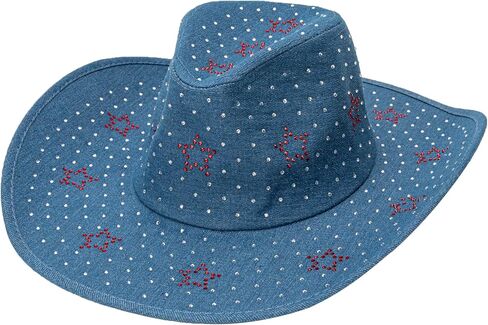 Denim Cowboy Hat for Women Rhinestone Western Wide Brim Cowboy Cowgirl Costume Party Hat in Kuwait