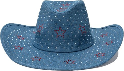 Denim Cowboy Hat for Women Rhinestone Western Wide Brim Cowboy Cowgirl Costume Party Hat in Kuwait