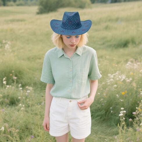 Denim Cowboy Hat for Women Rhinestone Western Wide Brim Cowboy Cowgirl Costume Party Hat in Kuwait