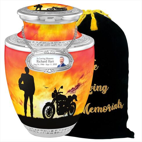 Biker Cremation Urns for Adult Ashes Male Female - Handcrafted Funeral Decorative Urns for Ashes Adult Male with Velvet Bag (Escapade Rider Free Personalized Medallion) in Kuwait