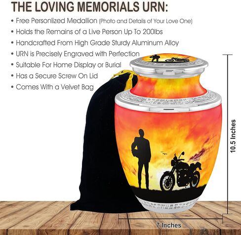 Biker Cremation Urns for Adult Ashes Male Female - Handcrafted Funeral Decorative Urns for Ashes Adult Male with Velvet Bag (Escapade Rider Free Personalized Medallion) in Kuwait