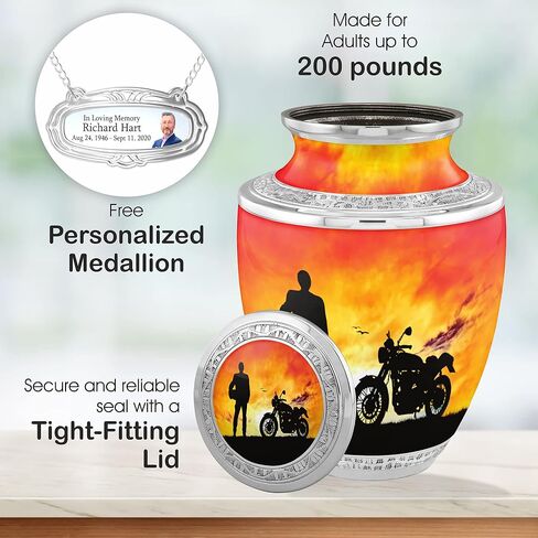 Biker Cremation Urns for Adult Ashes Male Female - Handcrafted Funeral Decorative Urns for Ashes Adult Male with Velvet Bag (Escapade Rider Free Personalized Medallion) in Kuwait