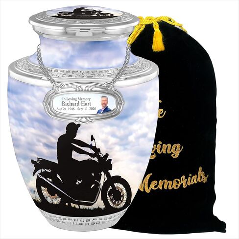 Biker Cremation Urns for Adult Ashes Male Female - Handcrafted Funeral Decorative Urns for Ashes Adult Male with Velvet Bag (Escapade Rider Free Personalized Medallion) in Kuwait