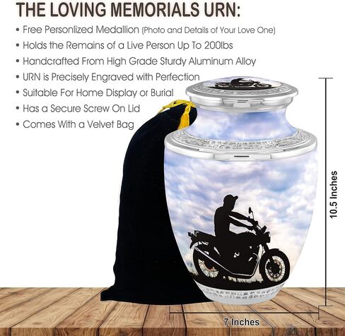 Biker Cremation Urns for Adult Ashes Male Female - Handcrafted Funeral Decorative Urns for Ashes Adult Male with Velvet Bag (Escapade Rider Free Personalized Medallion) in Kuwait