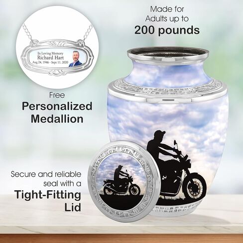 Biker Cremation Urns for Adult Ashes Male Female - Handcrafted Funeral Decorative Urns for Ashes Adult Male with Velvet Bag (Escapade Rider Free Personalized Medallion) in Kuwait