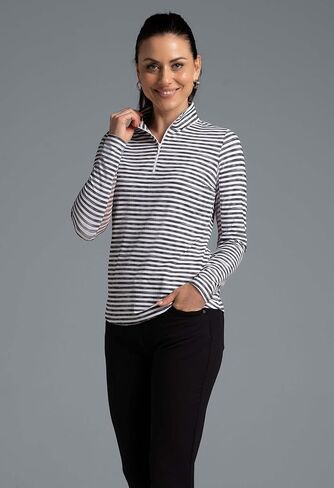 IBKUL Athleisure Wear Sun Protective UPF 50+ Icefil Cooling Tech Landon Stripe II Print Long Sleeve Mock Neck Top – 10164 Black/White Landon Stripe II M in Saudi Arabia