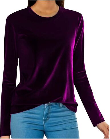 Velvet Tops for Women Shirt Crewneck Long Sleeve Shirt Blouses Pullover Solid Casual Tee Trendy Velour Loose Fit Top in Saudi Arabia