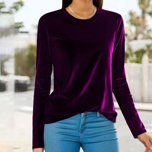 Velvet Tops for Women Shirt Crewneck Long Sleeve Shirt Blouses Pullover Solid Casual Tee Trendy Velour Loose Fit Top in Saudi Arabia