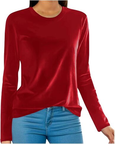 Velvet Tops for Women Shirt Crewneck Long Sleeve Shirt Blouses Pullover Solid Casual Tee Trendy Velour Loose Fit Top in Saudi Arabia