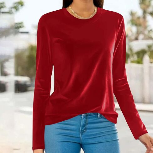 Velvet Tops for Women Shirt Crewneck Long Sleeve Shirt Blouses Pullover Solid Casual Tee Trendy Velour Loose Fit Top in Saudi Arabia