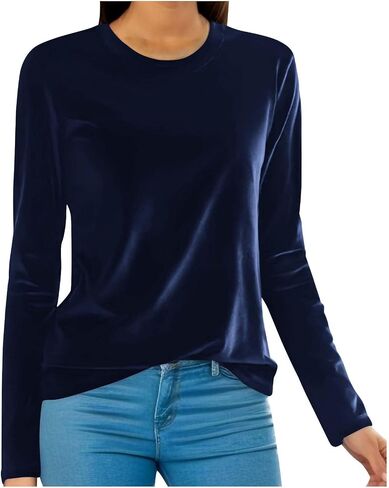 Velvet Tops for Women Shirt Crewneck Long Sleeve Shirt Blouses Pullover Solid Casual Tee Trendy Velour Loose Fit Top in Saudi Arabia