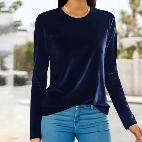 Velvet Tops for Women Shirt Crewneck Long Sleeve Shirt Blouses Pullover Solid Casual Tee Trendy Velour Loose Fit Top in Saudi Arabia