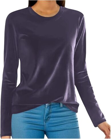 Velvet Tops for Women Shirt Crewneck Long Sleeve Shirt Blouses Pullover Solid Casual Tee Trendy Velour Loose Fit Top in Saudi Arabia