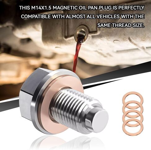 Oil Drain Plug, Magnetic M14x1.5 Oil Pan Drain Nut Bolt with 5PCS Copper Crush Washer Gasket, Stainless Steel Engine Sump Pan Anti Leakage Replacement for Car Motorcycle Boat in Kuwait