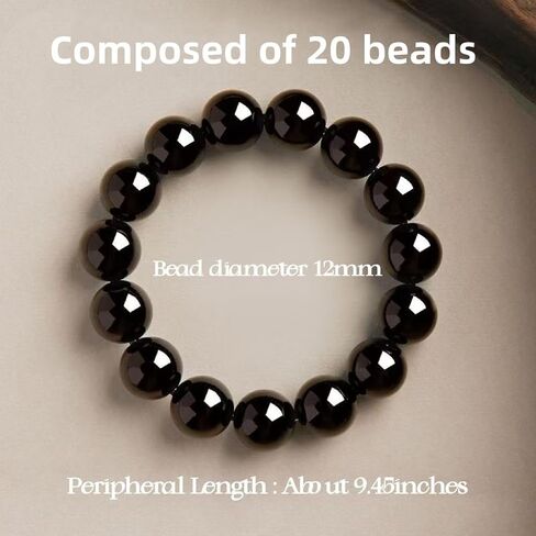 Natural Black Obsidian Bracelet - 12mm 20 Beads with 0.8mm Elastic Cord - Handmade Spiritual Protection Jewelry - Chakra Balancing Energy Bracelet for Men & Women - Best Gift in Saudi Arabia