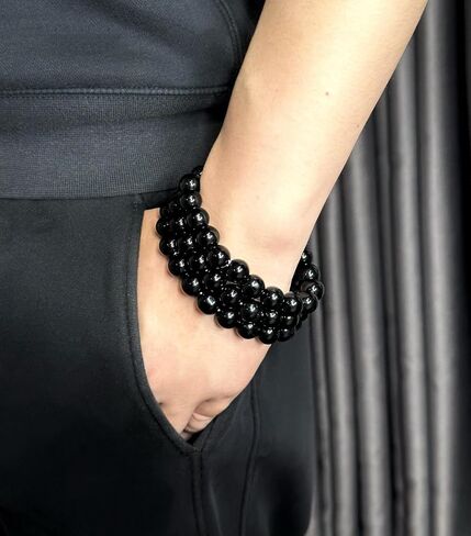 Natural Black Obsidian Bracelet - 12mm 20 Beads with 0.8mm Elastic Cord - Handmade Spiritual Protection Jewelry - Chakra Balancing Energy Bracelet for Men & Women - Best Gift in Saudi Arabia