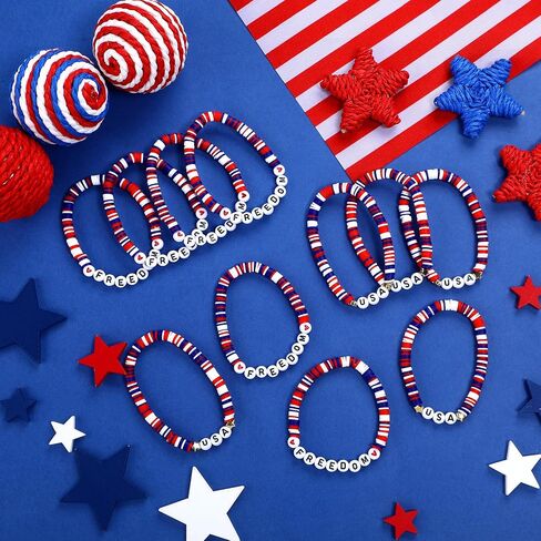 24 PCS 4th July حفلة تفضل الحرية الولايات المتحدة الأمريكية الأساور الوطنية الهدية بالجملة ذات الاستقلال الأزرق الأزرق الأحمر الأساور الممتدة في الرابع من يوليو. in Saudi Arabia