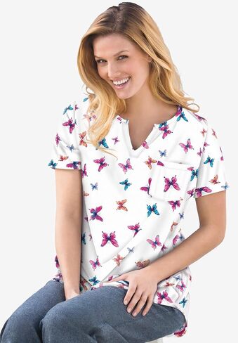 Woman Within Plus Size Notch-Neck Pocket Tee in Kuwait