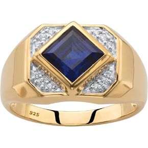 PalmBeach Men's Yellow Gold-plated Sterling Silver Square Created Blue Sapphire and Diamond Accent Ring Sizes 8-13 in Kuwait
