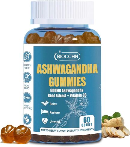 Ashwagandha Gummies ＆ فيتامين D3 ، ملحق استخراج Aswangdha للنساء الرجال (غير المعدلة وراثيا خالية من الغلوتين ، خالية من السكر) in Saudi Arabia