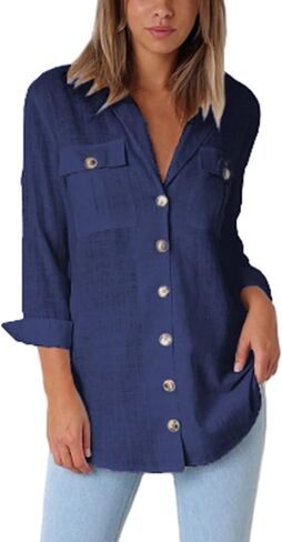 بلوزة نسائية كاجوال فضفاضة بأكمام قابلة للطي وجيوب وأزرار سفلية من GRAPENT in Kuwait