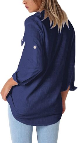 بلوزة نسائية كاجوال فضفاضة بأكمام قابلة للطي وجيوب وأزرار سفلية من GRAPENT in Kuwait