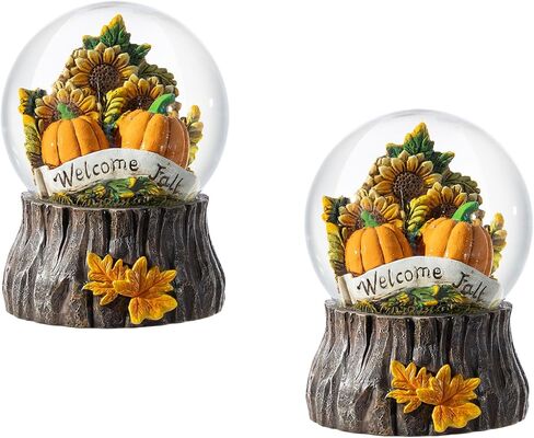Glitzhome سقوط عباد الشمس وراتينج اليقطين Waterglobe 6 "H - مجموعة من 2 ديكور مائدة حصاد الخريف يدويًا ، مع قاعدة جذوع الأشجار ، سقوط ترحيب - مثالي للمنزل ، الجرف والهدايا الاحتفالية in Kuwait