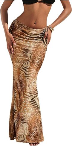 Gorglitter Women’s Leopard Cheetah Print Bodycon Maxi تنانير عصرية صيفية للحيوانات القوس شبكة منخفضة الخصر in Kuwait