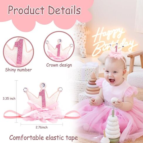 Princess Crown for Baby Girls, Pink Mini Tiara One Birthday Crown Headband for Girl Decorations Outfit Decor Photo Props Party Supplies in Kuwait