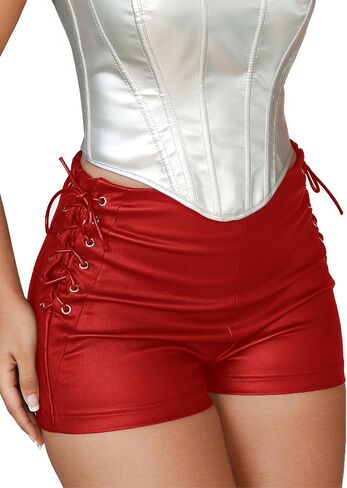 Women's Sexy Lace Up Side Crisscross Pu Leather High Waist Skinny Shorts Music Festival in Kuwait