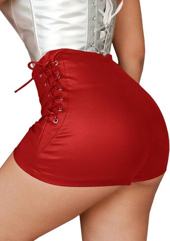 Women's Sexy Lace Up Side Crisscross Pu Leather High Waist Skinny Shorts Music Festival in Kuwait