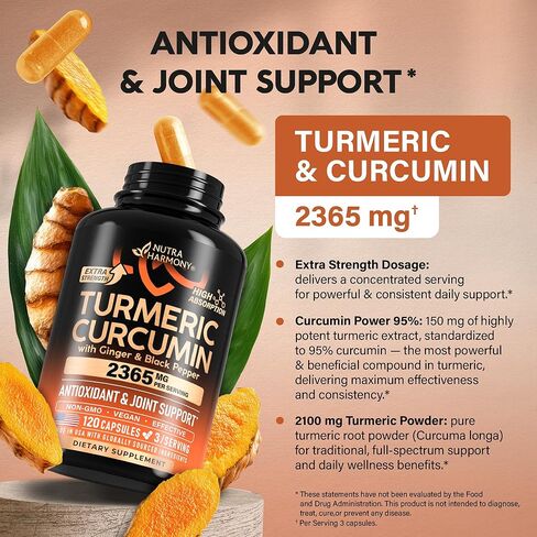 Turmeric Curcumin Supplement 2365 mg - Turmeric with Ginger & Black Pepper - Highly Bioavailable & Extra Strength 95% Curcuminoids - Antioxidant, Immunity & Joint Support - Made in USA - 120 Capsules in Saudi Arabia