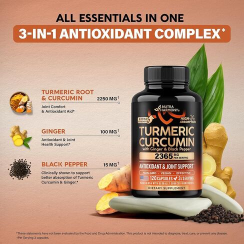 Turmeric Curcumin Supplement 2365 mg - Turmeric with Ginger & Black Pepper - Highly Bioavailable & Extra Strength 95% Curcuminoids - Antioxidant, Immunity & Joint Support - Made in USA - 120 Capsules in Saudi Arabia