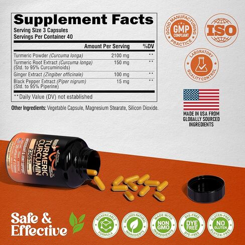 Turmeric Curcumin Supplement 2365 mg - Turmeric with Ginger & Black Pepper - Highly Bioavailable & Extra Strength 95% Curcuminoids - Antioxidant, Immunity & Joint Support - Made in USA - 120 Capsules in Saudi Arabia