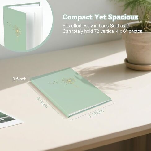 Small Photo Album 4x6 Pictures 2 Pack, Each Hold 36 Vertical Photos, Mini Waterproof Membrane Cover Picture Book for Wedding Baby Family Graduation Travel (Sage green with dandelion) in Saudi Arabia