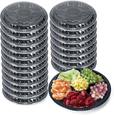10 Pcs Plastic Appetizer Serving Tray with Lid Round 12.5 Inch Tray with Lid Disposable Serving Fruit Veggie Tray with 6 Divided Compartment Tray Fruit Snack Veggie Trays for Catering for Party in Saudi Arabia