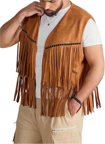 Men's Big and Tall Fringe Hem Sleeveless Vest Jacket 70s Hippie Faux Suede Western Cowboy Vest Waistcoat in Saudi Arabia