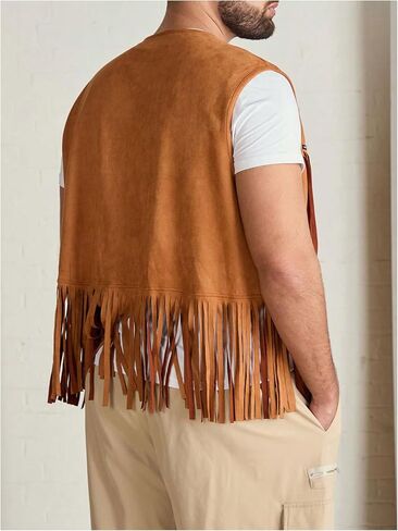 Men's Big and Tall Fringe Hem Sleeveless Vest Jacket 70s Hippie Faux Suede Western Cowboy Vest Waistcoat in Saudi Arabia