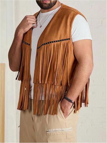 Men's Big and Tall Fringe Hem Sleeveless Vest Jacket 70s Hippie Faux Suede Western Cowboy Vest Waistcoat in Saudi Arabia
