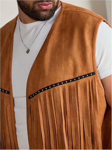 Men's Big and Tall Fringe Hem Sleeveless Vest Jacket 70s Hippie Faux Suede Western Cowboy Vest Waistcoat in Saudi Arabia